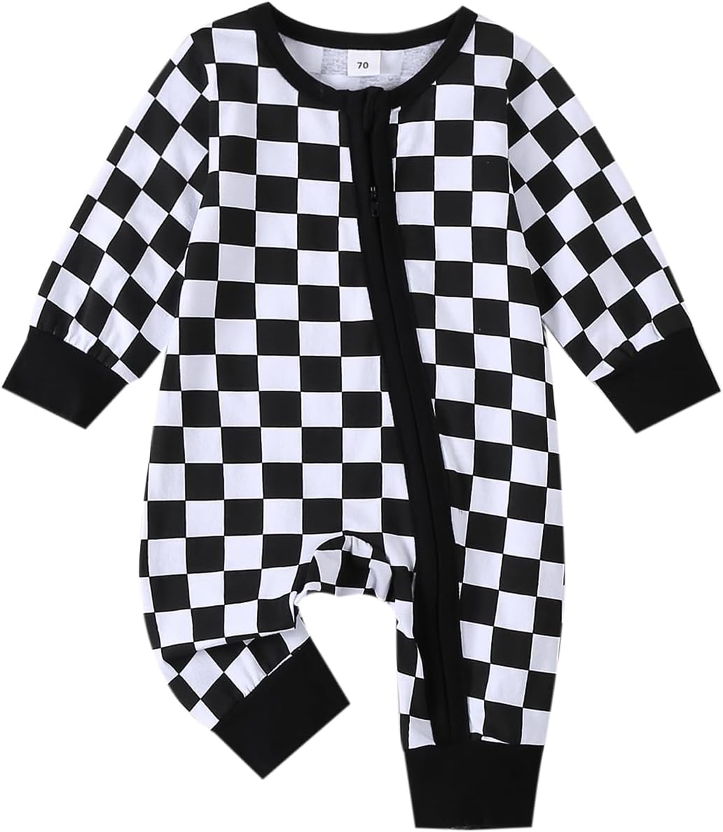 Karuedoo Newborn Baby Boy Girl Clothes Checkered Long Sleeve Zipper Romper Jumpsuit One Piece Bodysuit Fall Winter Outfit
