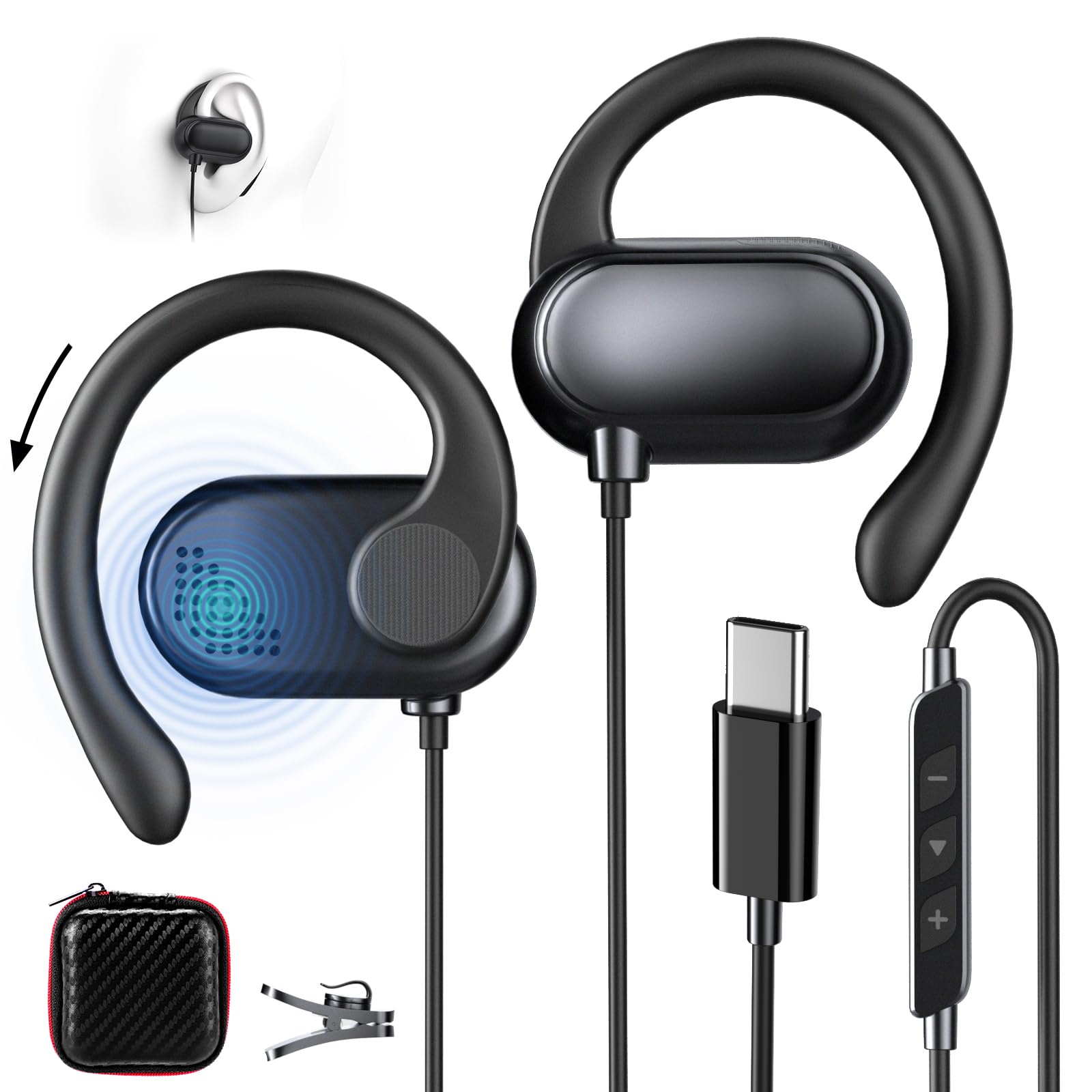 Open Ear Cuffie USB C Sport Gancio Regolabile Microfono Controllo Volume per Samsung Galaxy S26 Ultra S25 S24 S23 A56 A16 A17, iPhone 17 16 15, Pixel 10 9 8 Nero
