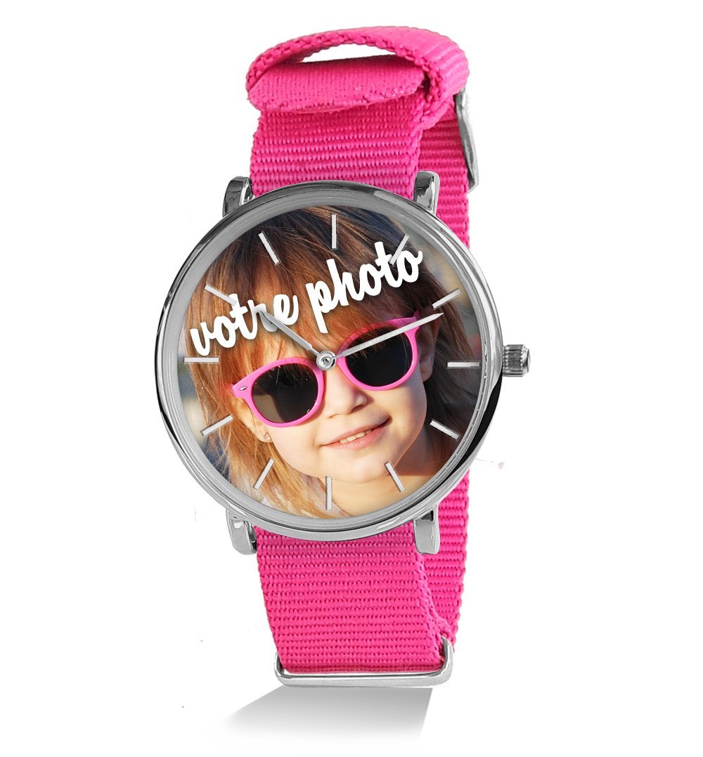 Reloj personalizable con una foto o un texto. Reloj mixto para hombre o mujer. Regalo personalizado. Pulsera trenzada NATO liso, colores de moda. Regalo único. Día del padre, Modelo mixto Ø 38 mm.