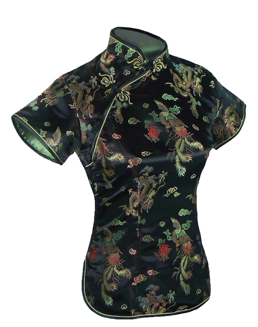 UK Seller Chinese Black Dragon & Phoenix Short Sleeve Top Shirt Blouse (UK 16)