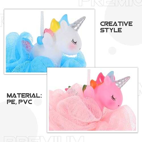 Miniatura 6 de 2 bolas de baño de unicornio para niños, exfoliante corporal, esponja de ducha suave de polietileno, rosa y azul, 5.51 x 4.33 x 3.54 pulgadas,