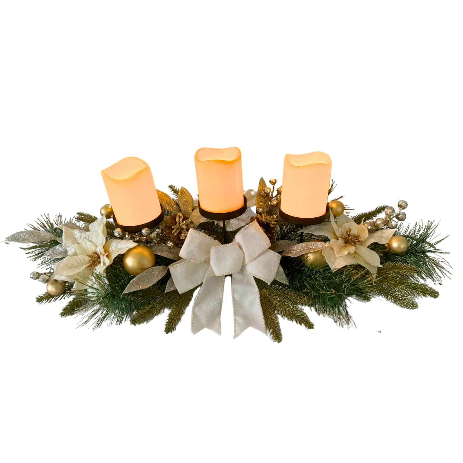 Svndlyn Portavelas de Navidad, centro de mesa de Navidad, 3 portavelas con flores de Pascua blancas, lazo decorativo con purpurina y ramas de pino, piñas para centro de mesa, decoración navideña