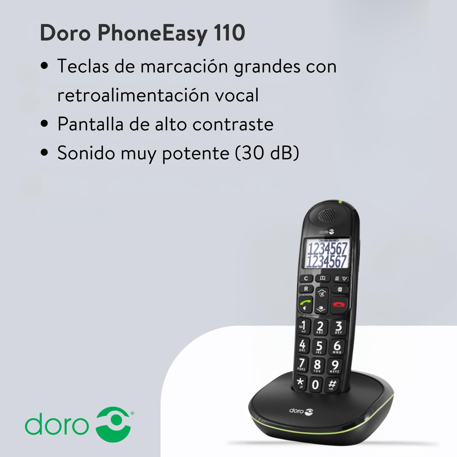 Doro PhoneEasy 110 Teléfono Inalámbrico DECT para Personas Mayores con Teclas Grandes Parlantes, Función de Llamada Interna y Audio Amplificado [Versión Española y Portuguesa] (X 1 / Negro)