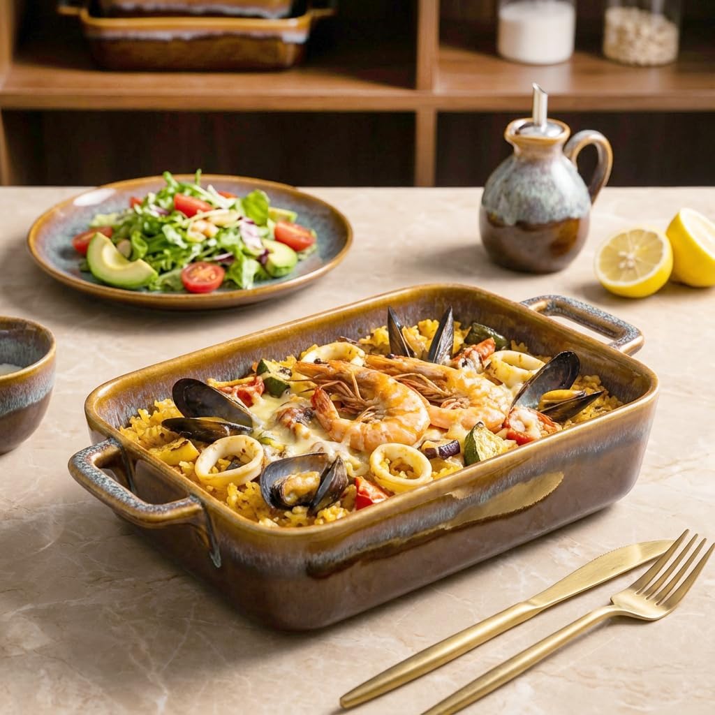 Baking Dish Ceramic Baking Dish、Rectangular Baking Pans Set、Double handles Suitable for lasagna、Baking、Oven 12.8IN、10.8IN、8.9IN Reactive Glaze 3-Piece