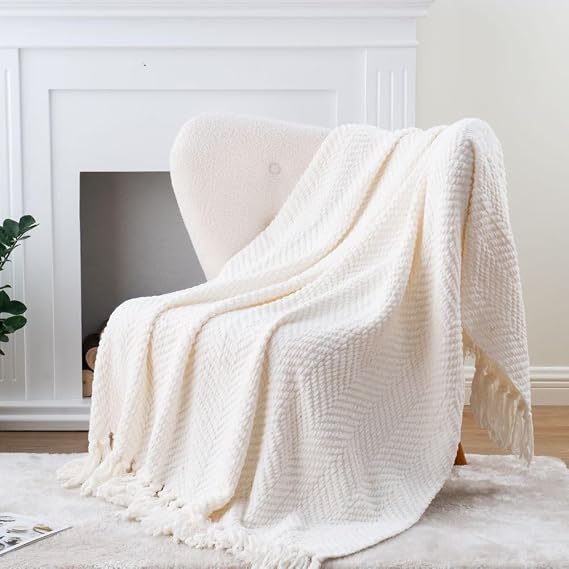 Battilo Cream Throw Blanket for Sofa Couch Chair Bed, Super Soft Decorative Knitted Blanket with Tassels, Warm Cozy Couch Cover Blanket, Cream White Sofa Throw, Bed Blanket, 127x152cm