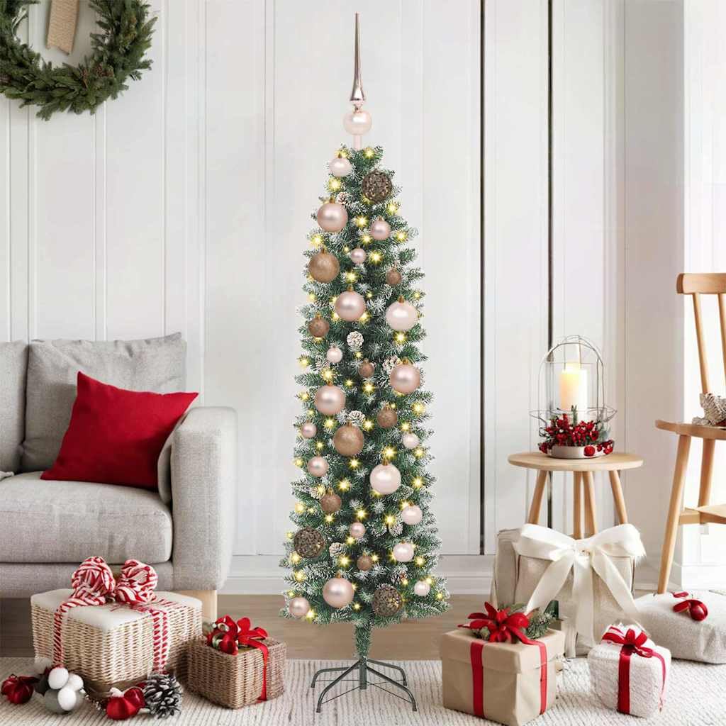Albero di Natale Artificiale Slim Verde e Bianco con Luci LED 120 cm