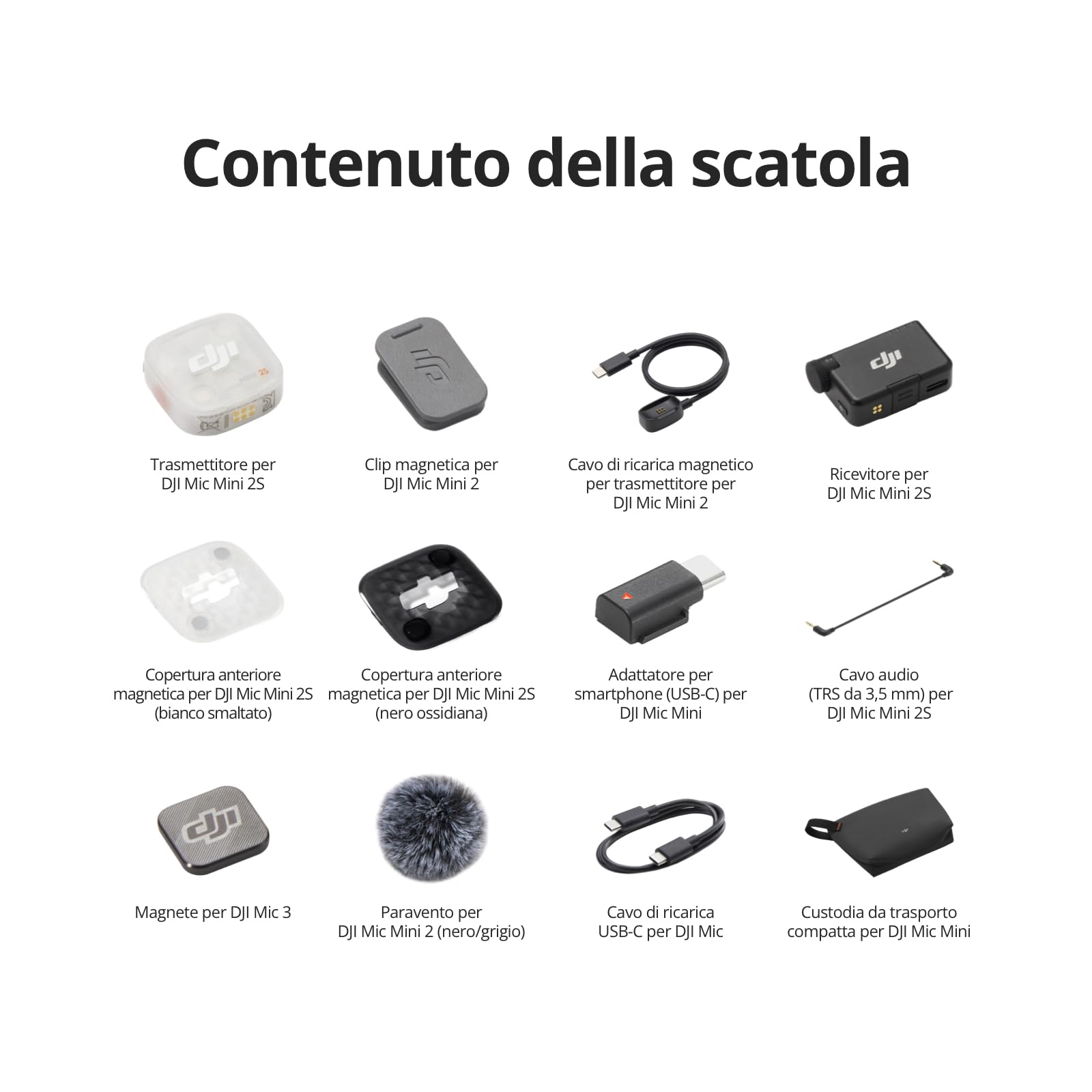 DJI Mic Mini 2S (1 TX + 1 RX), cancellazione del rumore basata sull'IA | Microfono wireless, 28 ore di archiviazione interna, registrazione interna in float a 32 bit, connessione OsmoAudio