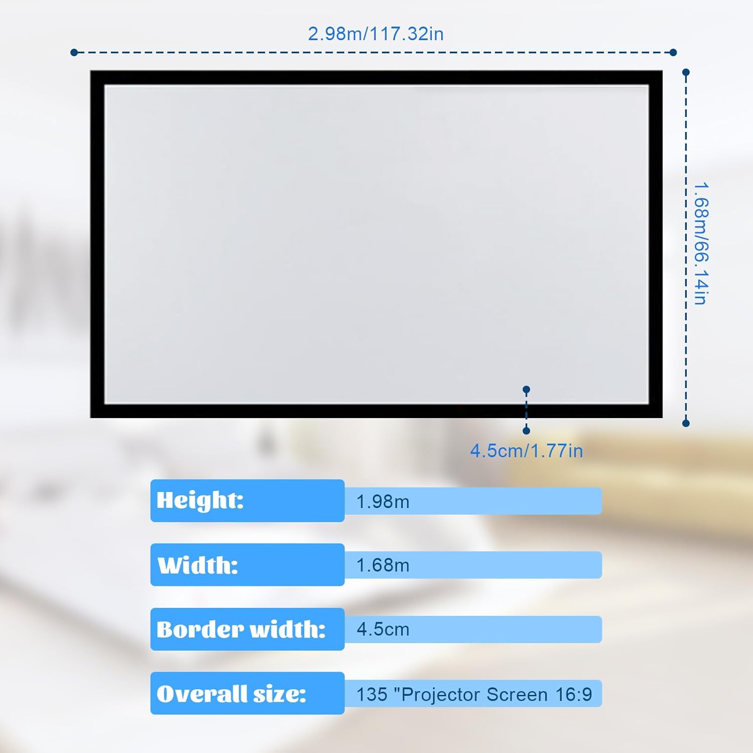 Diagram showing the dimensions of the 135 inch projector screen, including height, width, border width, and overall size.
