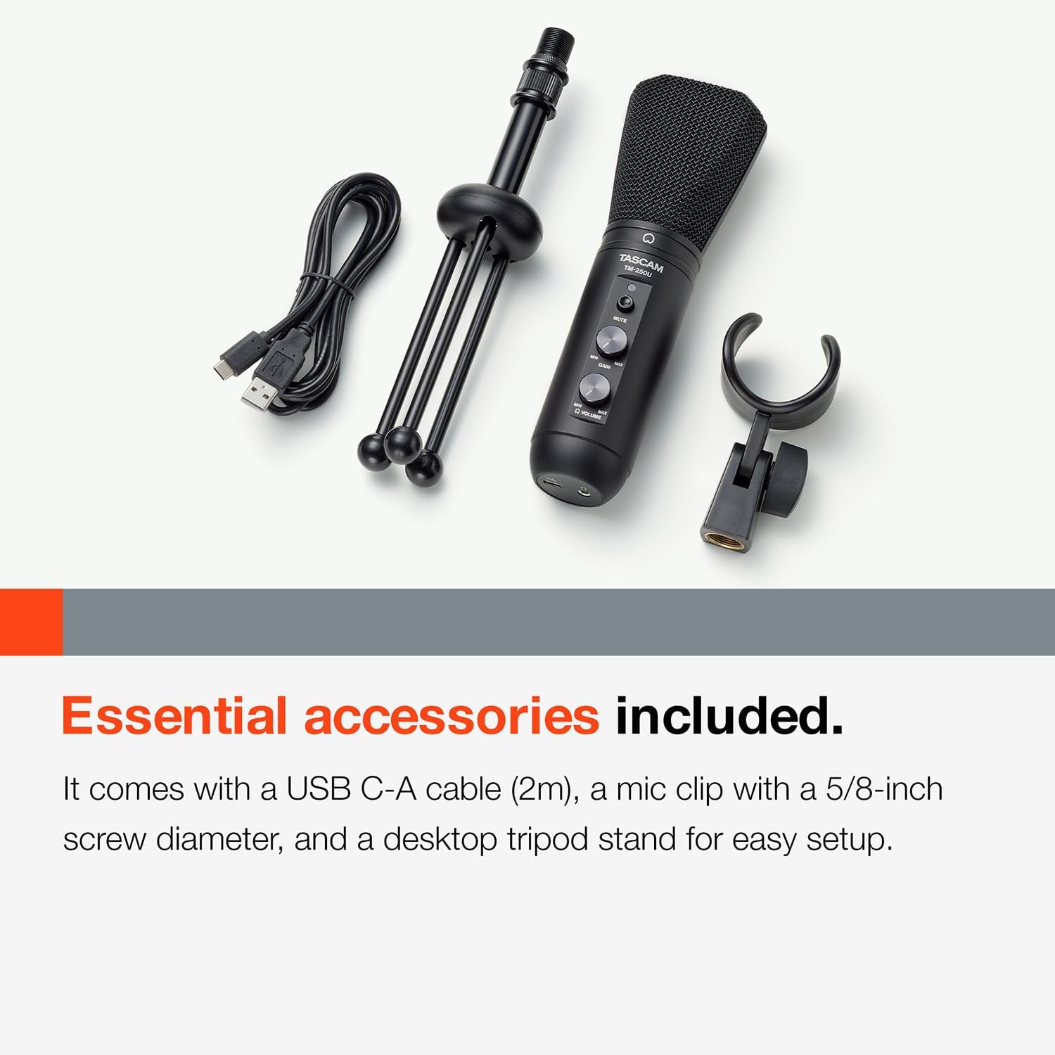 All included accessories for the Tascam TM-250U microphone