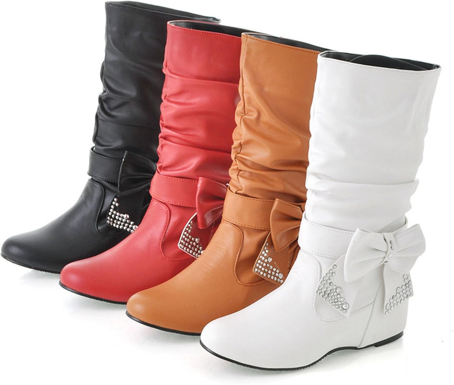 Bow Leather Mid Calf Boots For Women Elegant Low Heels Rhinestone Pointed Toe Slip On Hidden Wedge Knee High Boots Comfort Flat Heel Party Dress Booties - Image 3