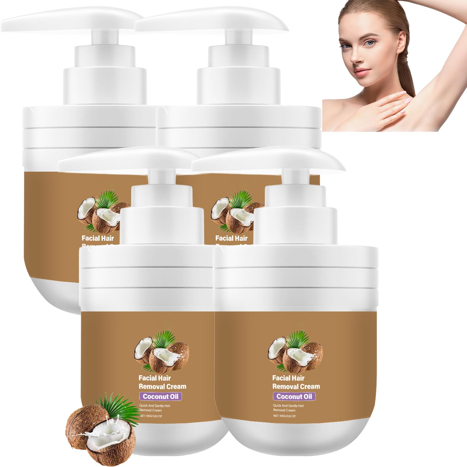 Crema depilatoria viso con olio di cocco, crema depilazione delicata per donne, depilazione indolore viso e corpo, risultato liscio e durevole, delicato per pelli sensibili, 500 g (4 pezzi)