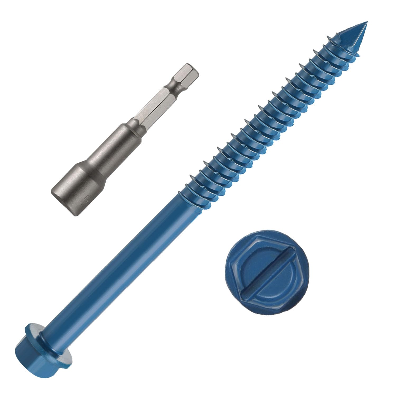 1/4" x 5" Concrete Screws, 50 PCS Blue Hex Washer Head Concrete Screws Anchor Kit with Hex Bit Socket, for Masonry, Cement, Block, Brick or Stucco