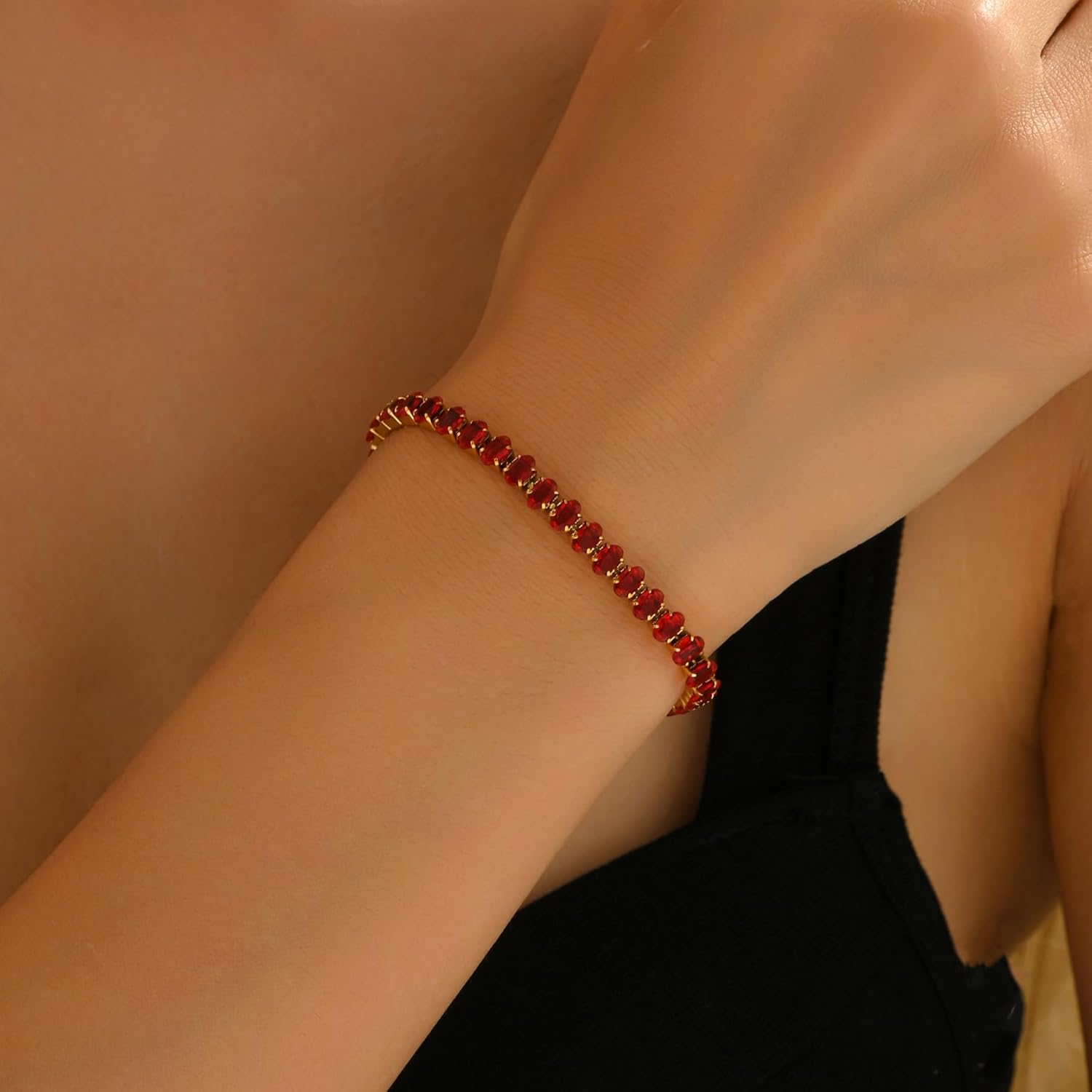 Tennis Bracelet for Women 5.9-7.1 Inch,18K Gold Plated with Red Green Black White Cubic Zirconia, Dainty Inlaid Chain, Minimalist Everyday Stackable Jewelry Gift - Image 2