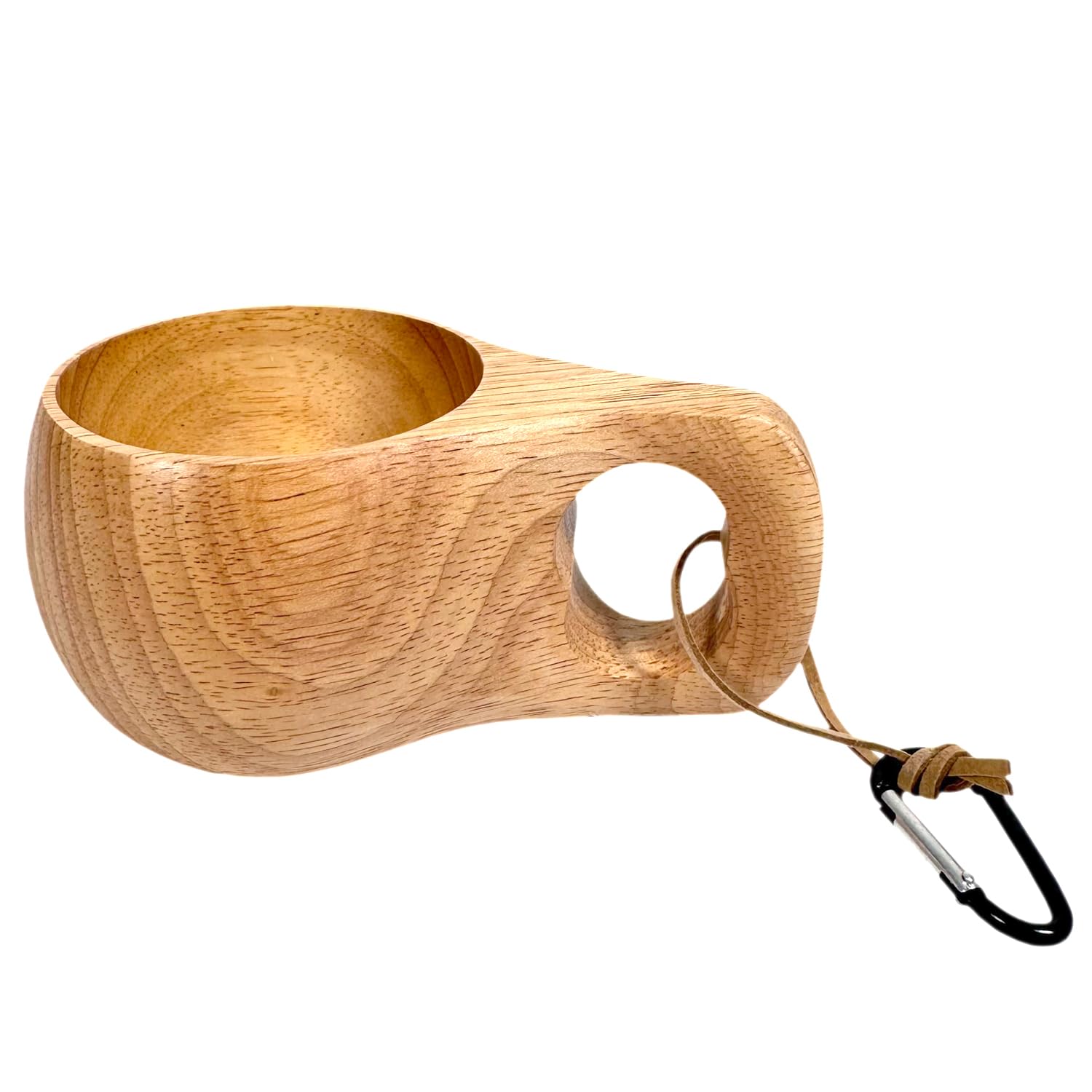 SanrichWooden Mug Kuksa Handcrafted Wood Camp Mug Survival Wood Cup Camping Cups & Mugs with Carabiner Leather Lanyard For Drinking Tea Coffee (6 ounces-smooth-width handle hole)
