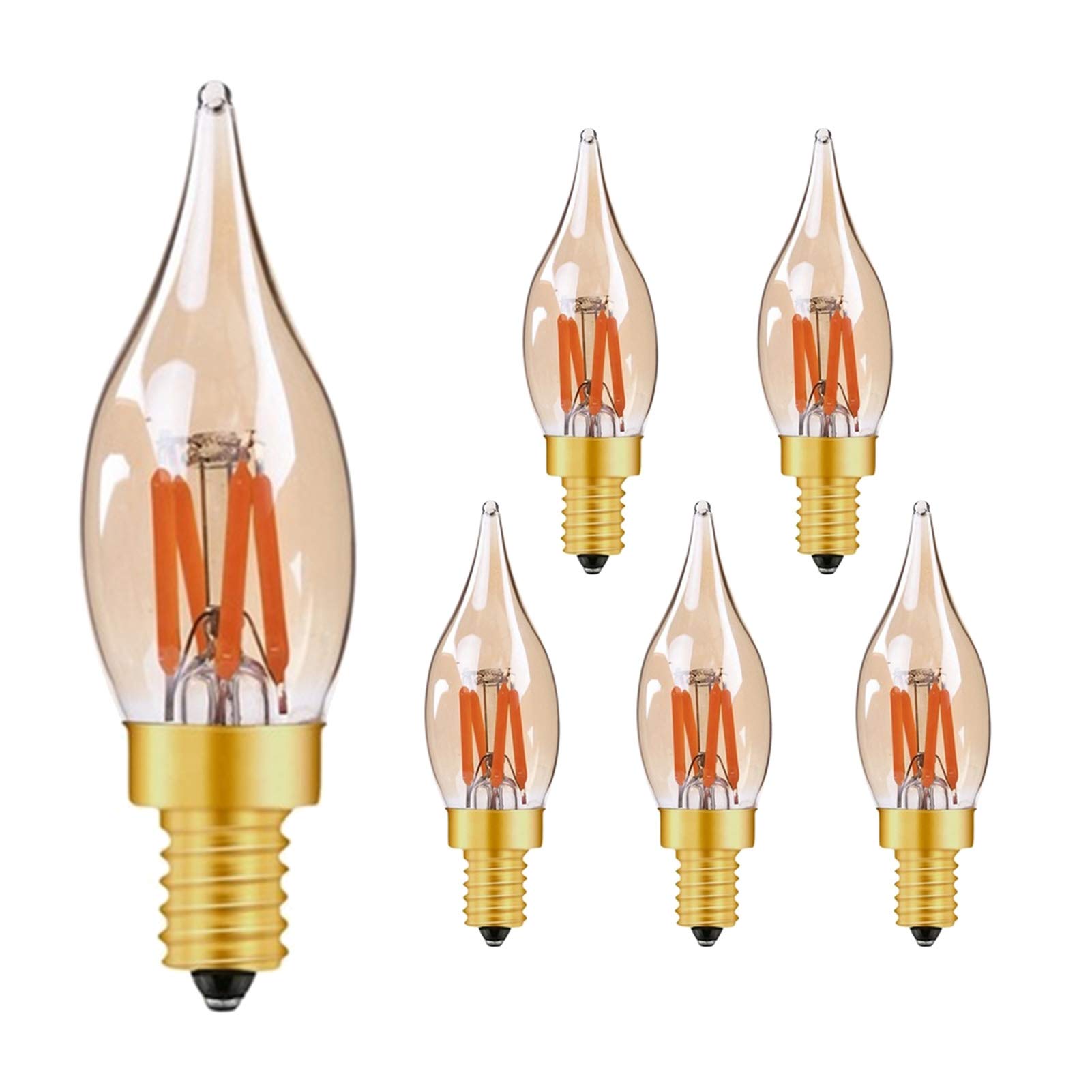 Ampoules LED Edison vintage, lampe à incandescence 2 W = 20 W, paquet 6 ampoules à bougie à flamme jaune chaude, ampoules lustre à intensité variable, base dorée E12