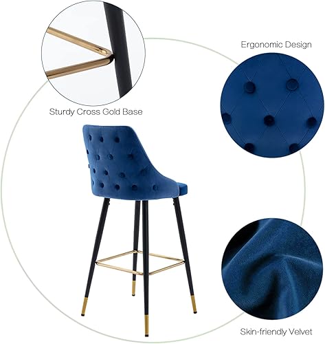 Miniatura 4 de DUHOME Juego de 2 taburetes de bar con botones de terciopelo, modernos taburetes de bar de 30 pulgadas con respaldo y base dorada para cocina, Azul,
