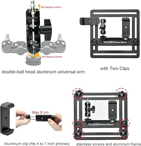 Miniatura 7 de Soporte de valla para cámara de acción/teléfono para juego de béisbol/tenis, ángulo ajustable, clips duales, soporte de banco de energía, compatible