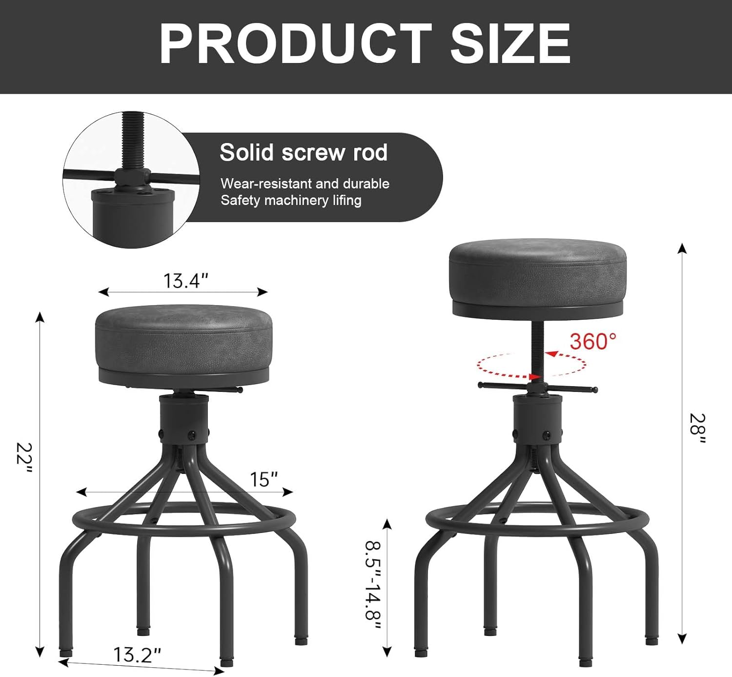 Grey Swivel Bar Stools Set of 2 Adjustable Swivel Round Barstools Modern PU Leather 28inch Industrial Backless Counter Height Stool Bar Chair for Kitchen Island (2, Grey)