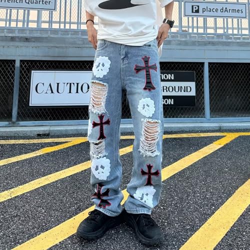 Baggy Jeans Men Grunge Distressed Cross Y2k Jeans Men Washed Ripped Skull Wide Leg Denim Pants Streetwear2