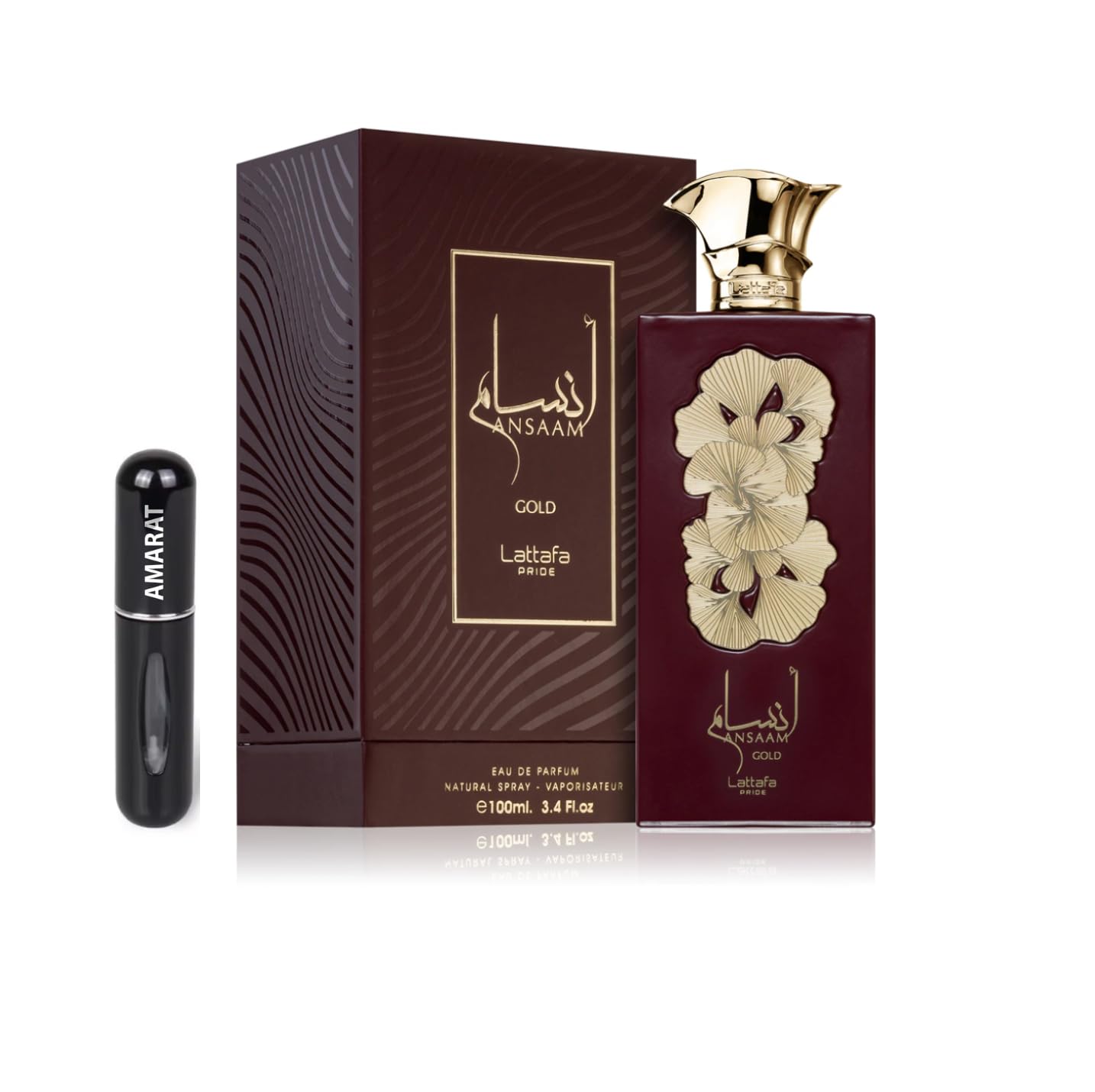Perfume Ansaam Gold 100ML, Perfume Árabe Unisex de Larga Duración, Eau de Parfum Incluye Atomizador Recargable 5ML Fragancia Floral Amaderada con Notas de Bergamota, Jazmín y Ámbar (Gold)