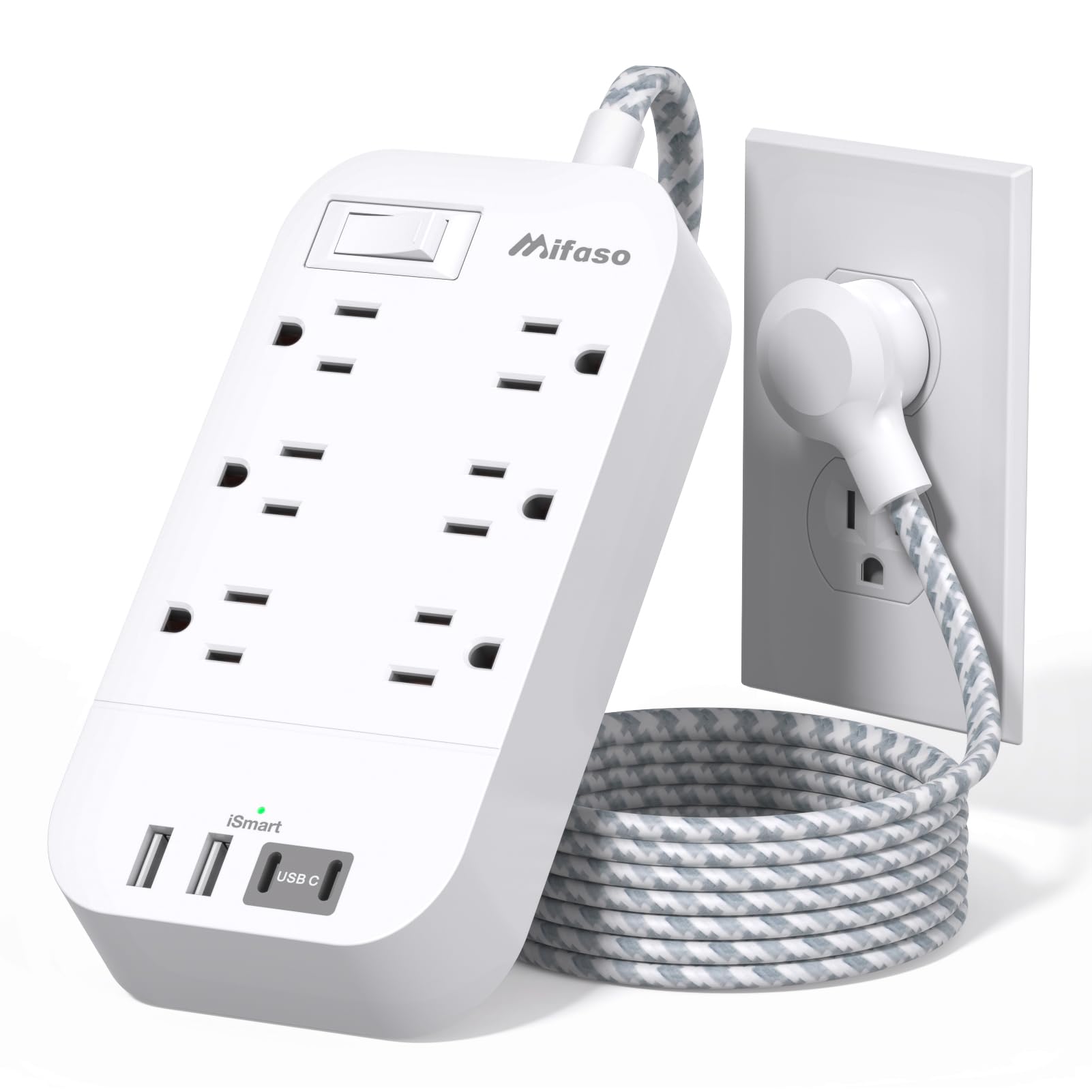 Power Bar Extension Cord 15 FT - Flat Plug, 6 Outlets 4 USB Ports Outlet Extender with Overload Protection, Wall Mount, Desktop Charging Station for Home, Office and Dorm Essential