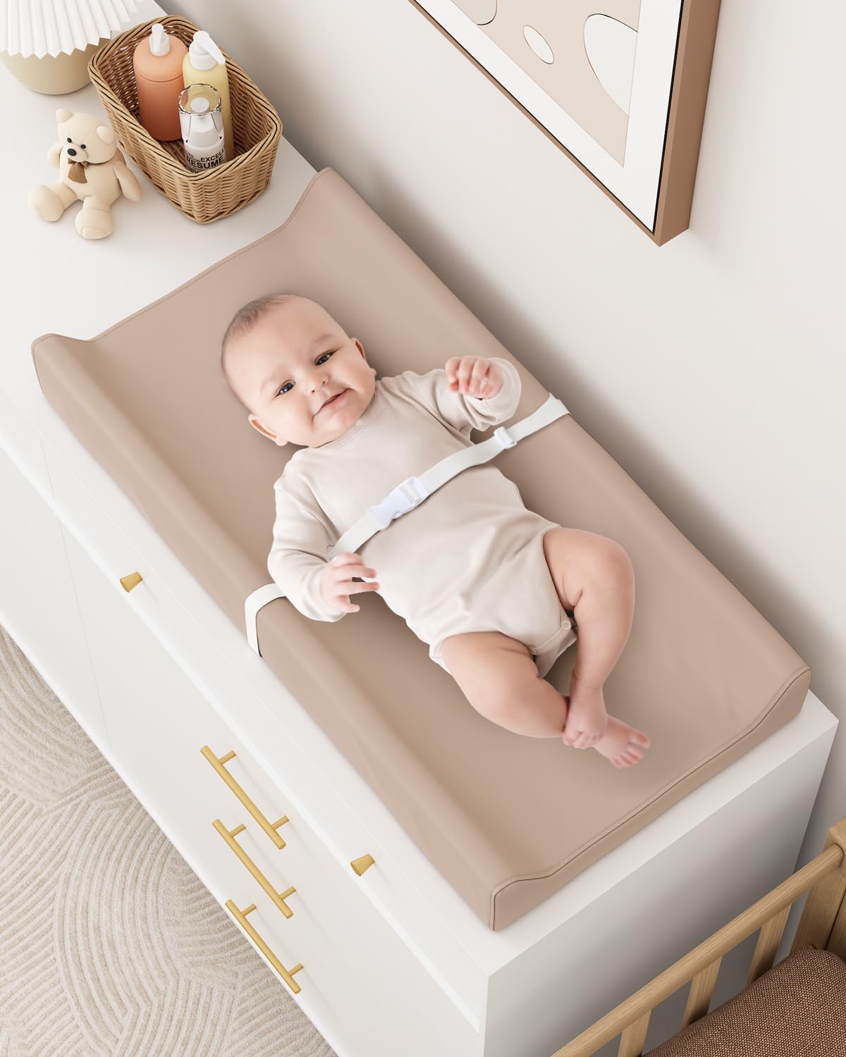 YACODAVO Wipeable Baby Changing Pad for Dresser and Table, Cozy Diaper Changing Pad with Waterproof & Wipe-Clean Leather Cover, Light Brown