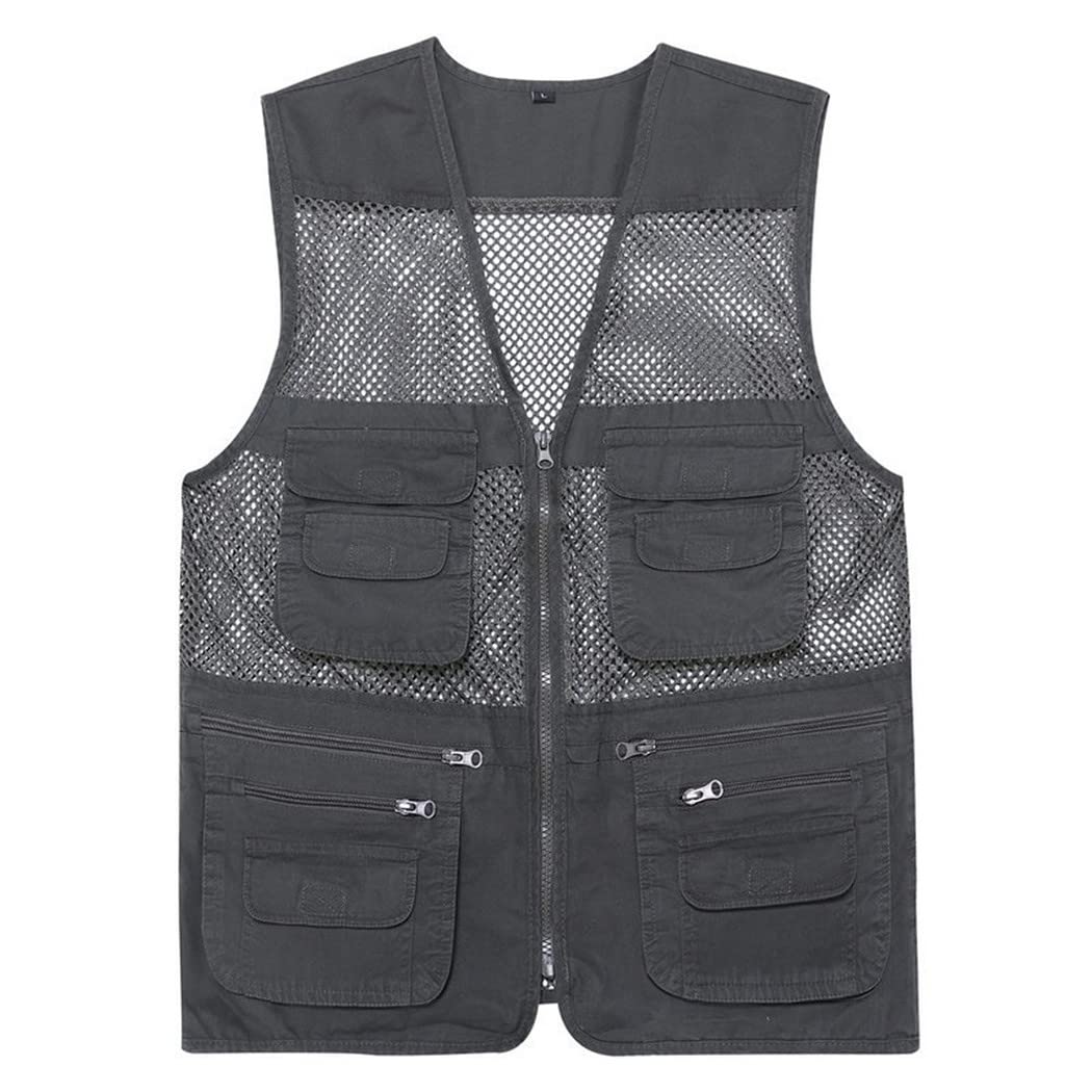 Chaleco de algodón suelto casual para hombre, chaqueta sin mangas con cremallera de malla con cuello en V, chaleco de primavera y verano con muchos bolsillos
