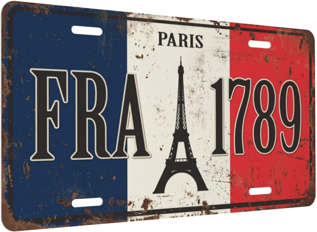 Front License Plate, ABGABG Vintage France Paris Eiffel Tower 1789 License Plate Tag, Decorative Novelty Vanity Cover, 6x12 Inch, 4 Holes, Cars Decor Accessory