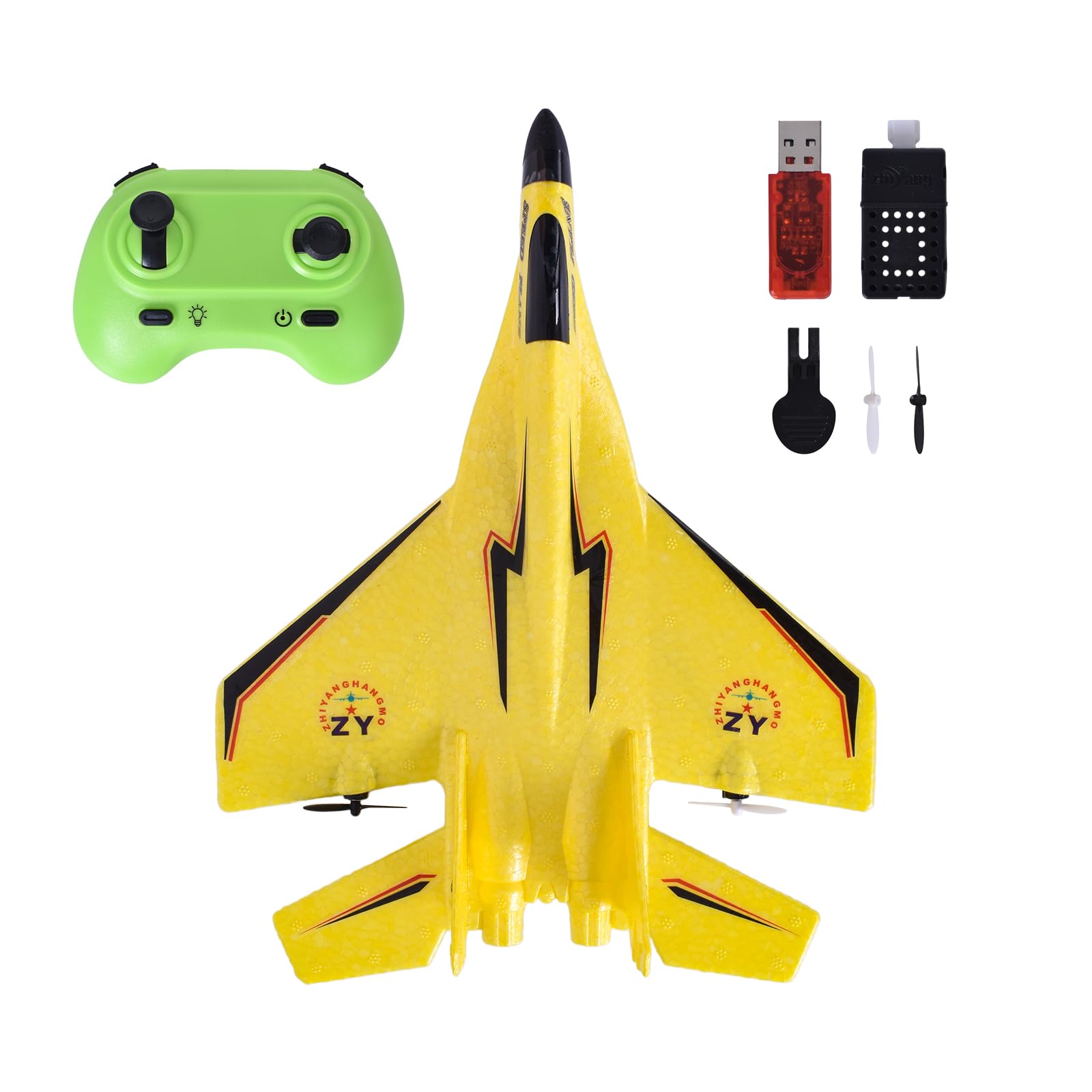 2 Canaux Avion Télécommandé, 2,4 GHz Avion RC avec LED, Facile à Piloter pour Les Enfants et Les Débutants, Chargement USB, Jaune