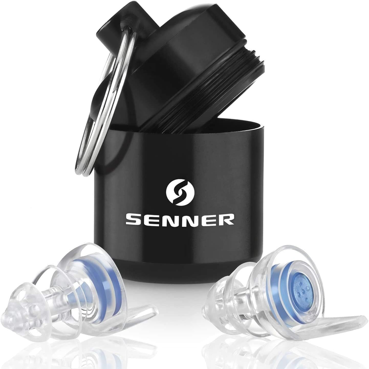 SennerMusicPro Soft sleep hearing protection earplugs for sleeping and against snoring, working, ideal for home office and rest at home, music, concert, with aluminum container, blue/transparent