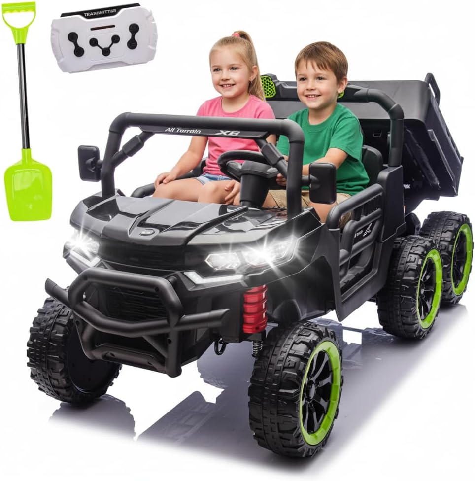 24V Ride On Toys for Big Kids, 4WD 6X6 2 Seater Ride On Dump Truck with Remote Control, 20inch Seat, 3 Speeds, High Efficiency Battery, 4X100 Motors, Music, Ride On Car for Boys Girls, Black