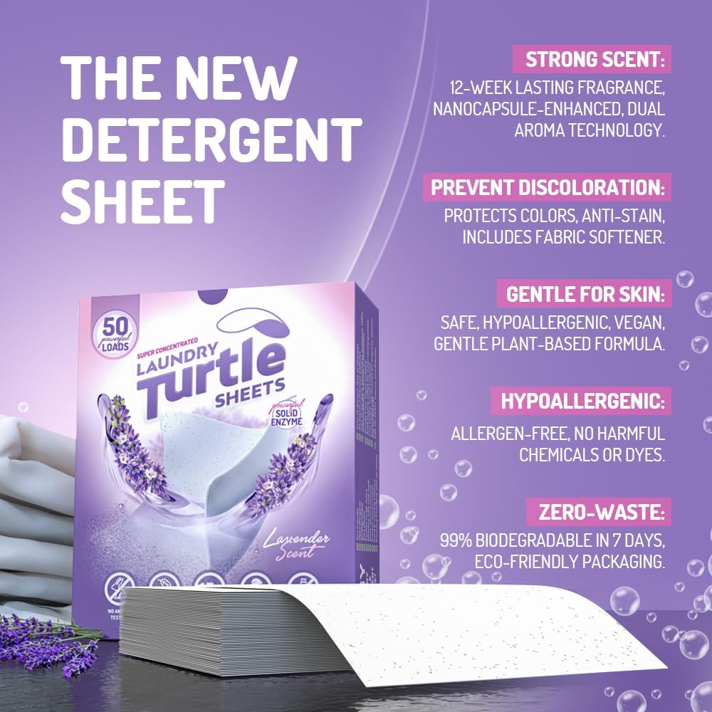 Laundry Turtle - Lavender Laundry Sheets Up to 100 Machine Loads – Strips, Travel Size, 50 Non Toxic Laundry Detergent Sheets, Fresh Scent Washing Detergent, Strong Organic Cleaning Power (Pack of 2)