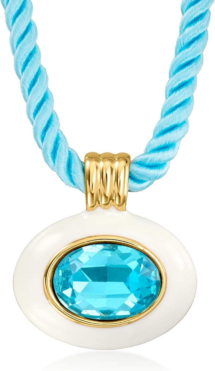 Collar Ross-Simons chapado en oro amarillo de 14 quilates con topacio azul suizo de imitación, esmalte blanco y cordón azul. 18 pulgadas