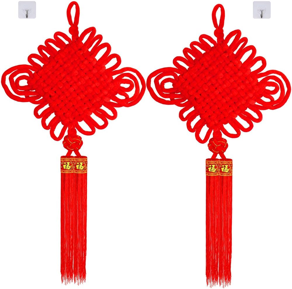 Supla 2 Pack Chinese New Year Decorations 21" W 39" L Chinese Red Knot Tassel Hanging Oriental Lucky Ornaments Spring Wall Ornaments for Asian Lunar New Year 2024 Year of The Dragon Party Decor