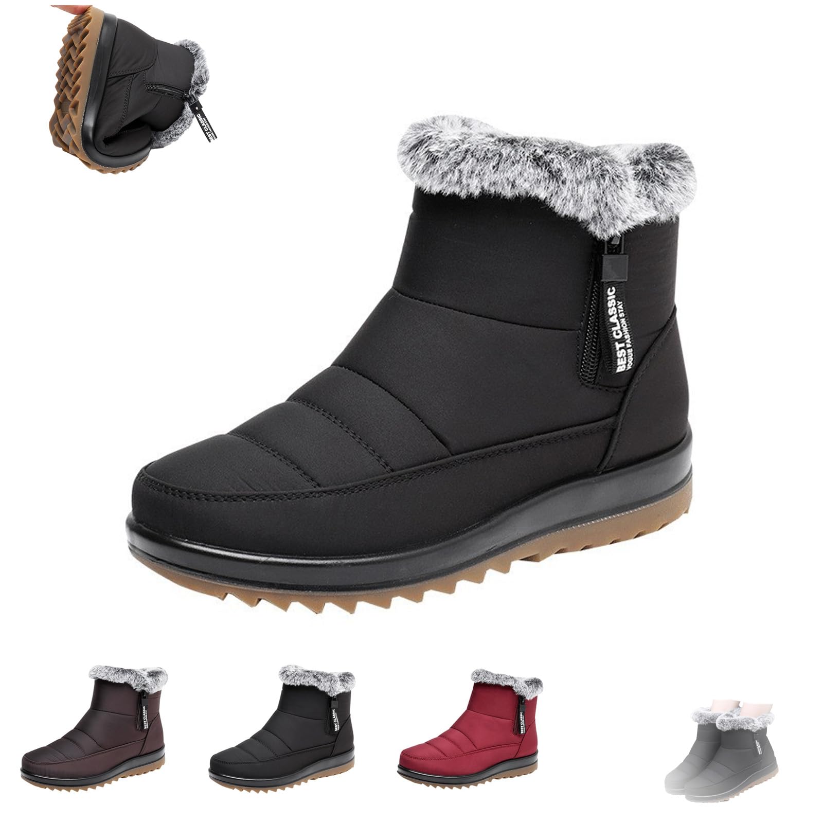 Womens Winter Waterproof Non-Slip Fleece Snow Boot Warm Fur Lined Ankle Boots Outdoor Mid Calf Boots with Zipper