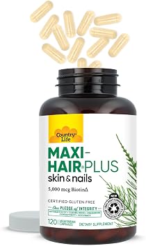 Country Life Maxi-Hair Plus 5,000 mcg Biotin, 120 Capsules | 1,200 mg Maxi Blend with MSM, L-methionine, L-cysteine and horsetail extract; 30 servings