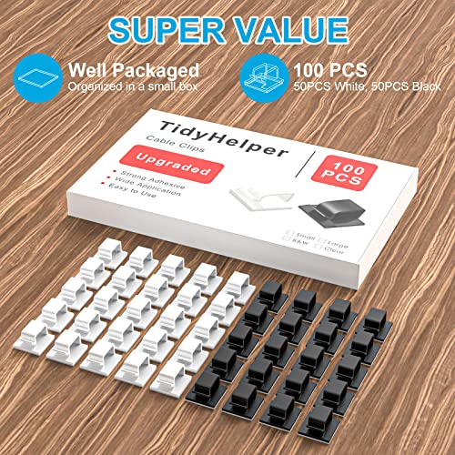 100 PCS Adhesive Cable Clips (Small, White&Black), Upgraded Wall Wire Holder Cord Organizer for Cable Management Under Desk, Light Clips Hooks for LED, Car Dash Cam, USB Cable - Thumbnail 2