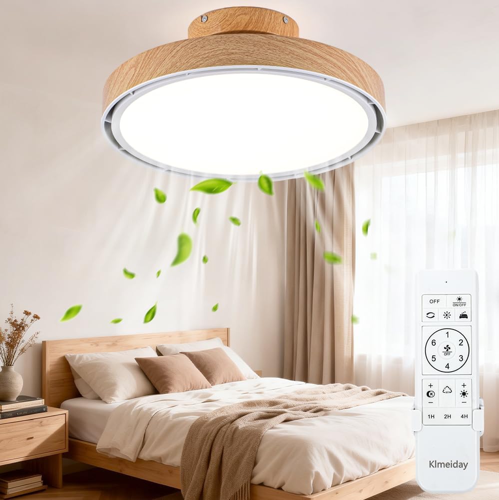 Bladeless Ceiling Fans with Lights and Remote, Flush Mount Modern Ceiling Fan with Light, 6 Speeds, Stepless dimming & 3000-6000K CCT LED Lights for Bedroom, Living Room (Light Walnut)