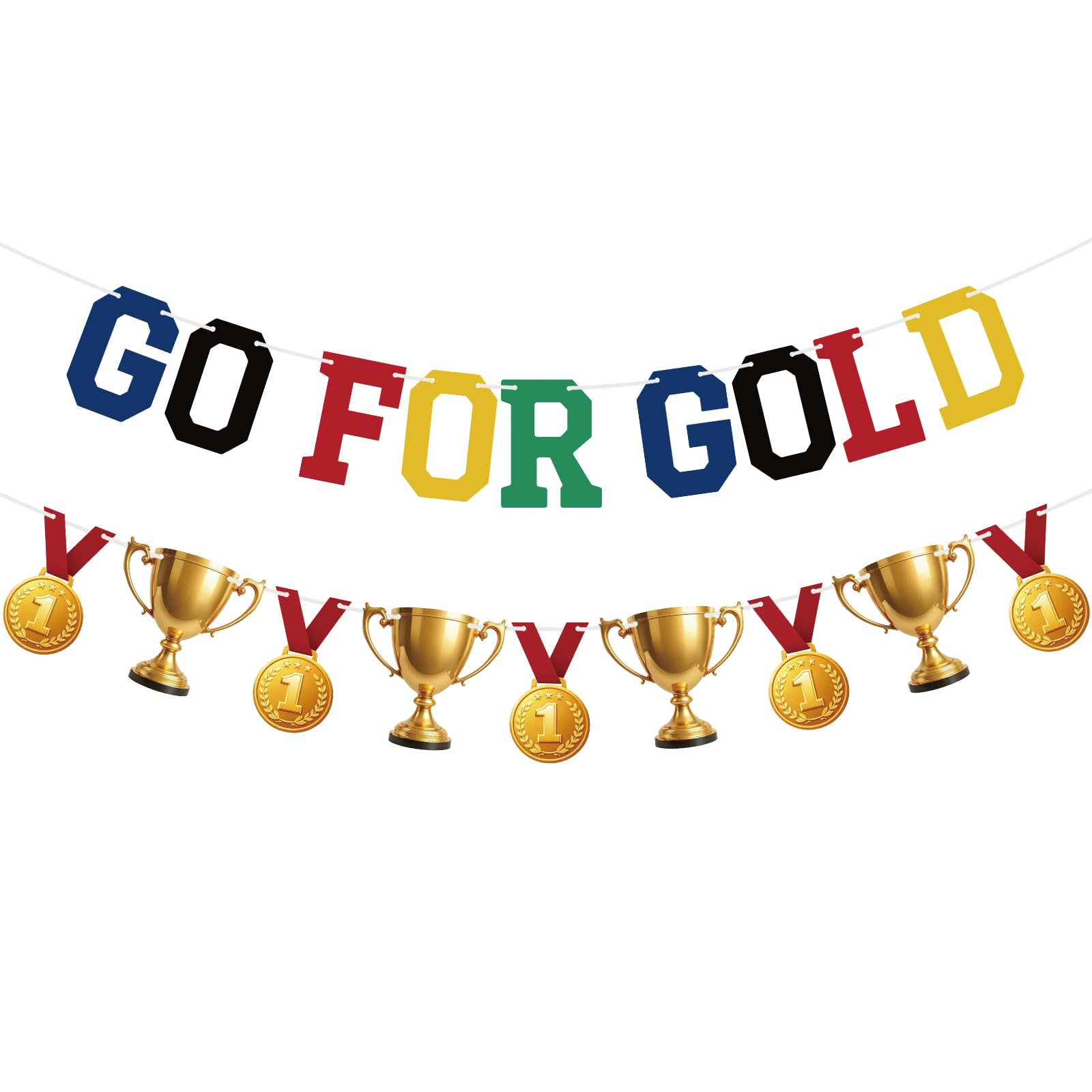 jijAcraft Pre-Strung GO FOR GOLD Banner: 3m Colourful Go for Gold Bunting, 3m Gold Medal and Trophy Paper Banner for Football Match Day, Sports Party, Themed Birthday, Fan Zone Decorations
