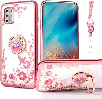 nancheng for Motorola Moto G Stylus 2021 4G Phone Case with Ring Kickstand Strap Lanyard Girls Women Cute Floral Shockproof Protective Cover - Rose Butterfly