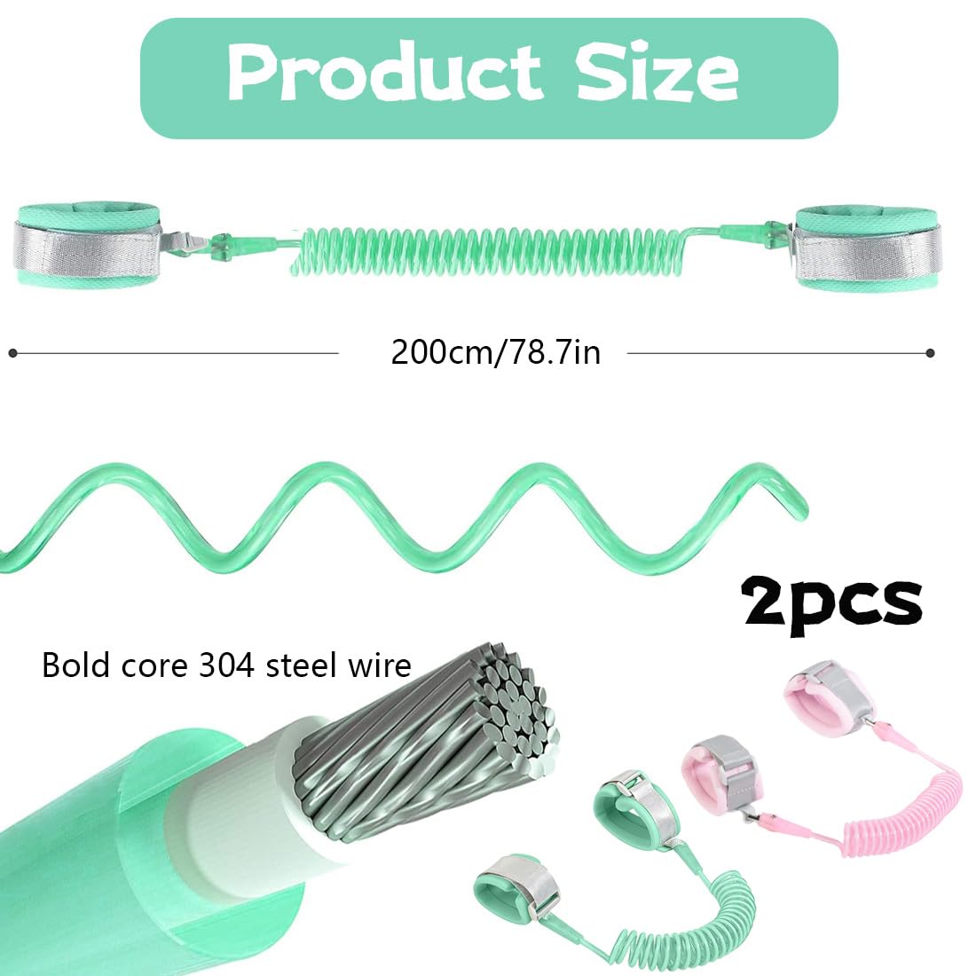 2PCS Laisse De Sécurité Pour Enfants, 2M Anti-perdu Barcelet, Harnais de Sécurité Enfant, Bébé Anti-Perdu Poignet, Rotation à 360° Bracelet Pour Voyage Supermarché Exploration Helper (Rose, Grün)