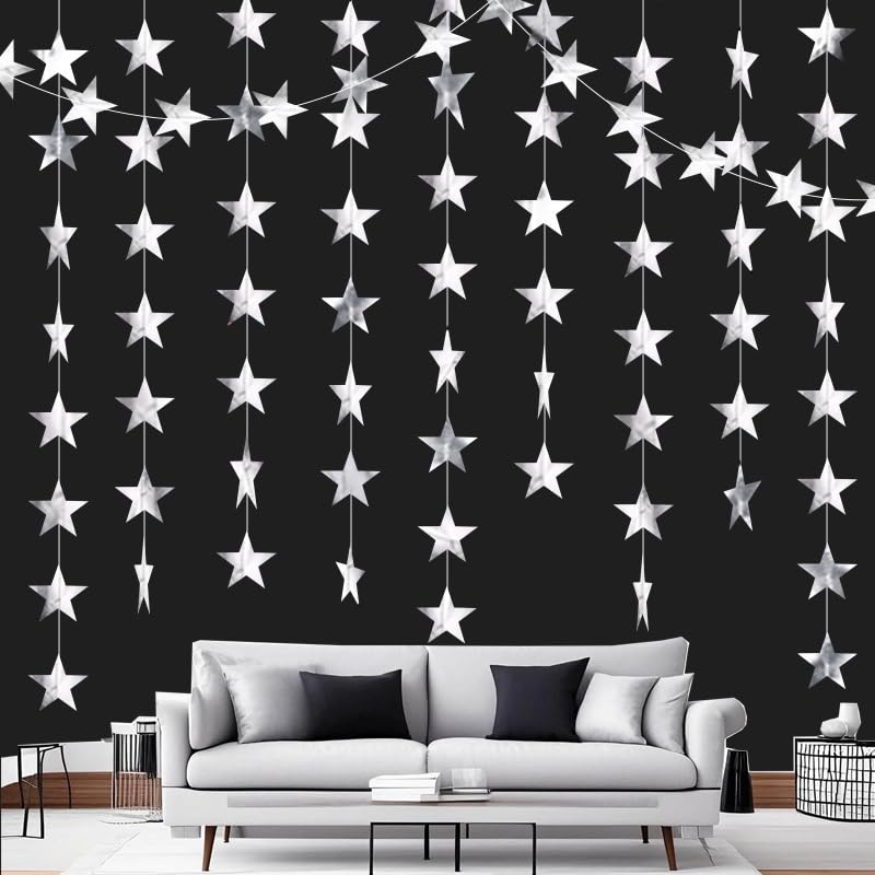 Image of Silver Shining Star Hanging Garland Silver Hanging Sparkling Star Streamer Glitter Bunting Banner Twinkle Backdrop for Wedding Baby Shower Birthday Christmas Decorations 40 Feet