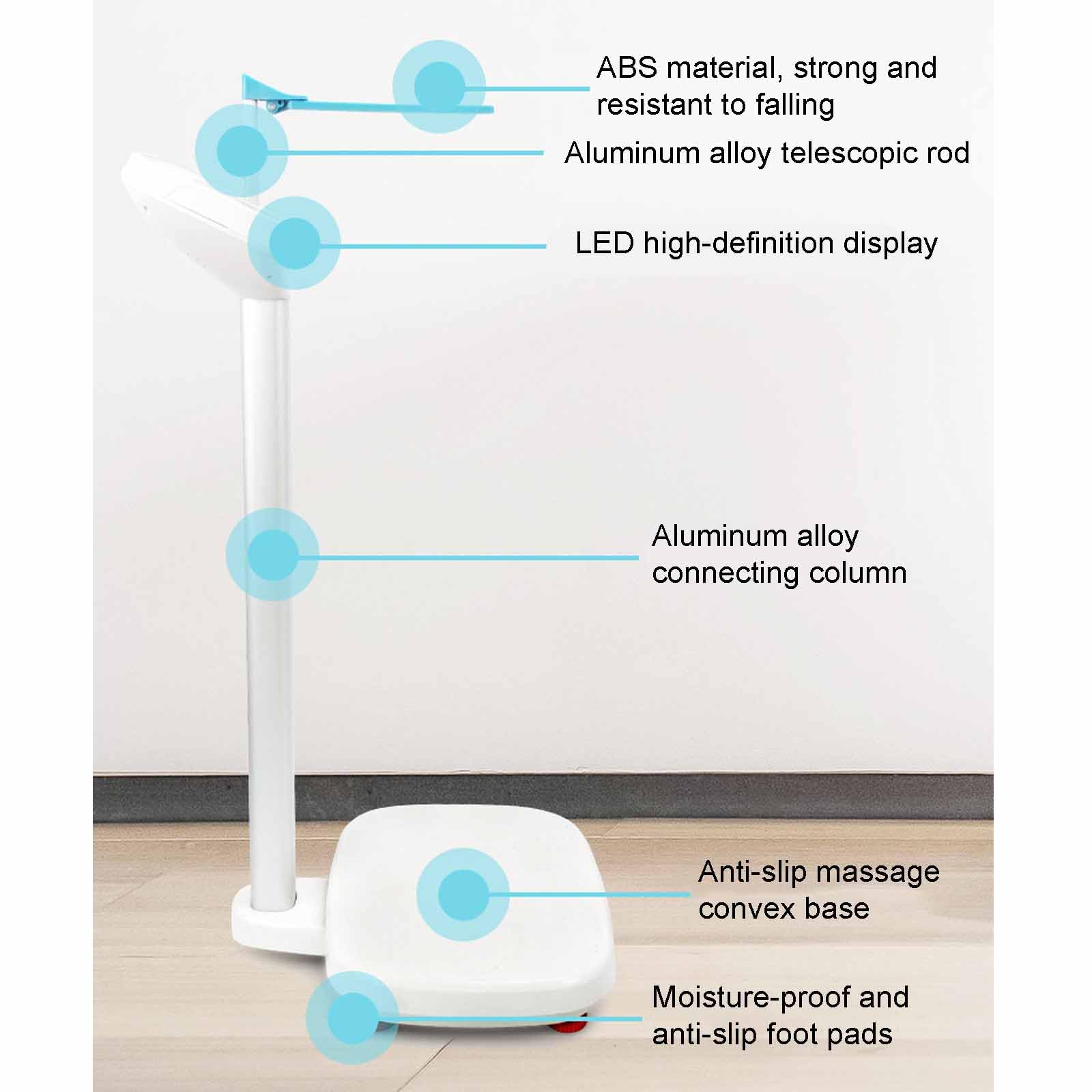 Báscula Digital De Altura Y Peso Con Pantalla LED: Báscula Inteligente De IMC De 0,2 A 205 Kg Y Tallímetro Telescópico De 72 A 210 Cm, Recargable Por USB, 22 Análisis De Datos Corporales. ,White