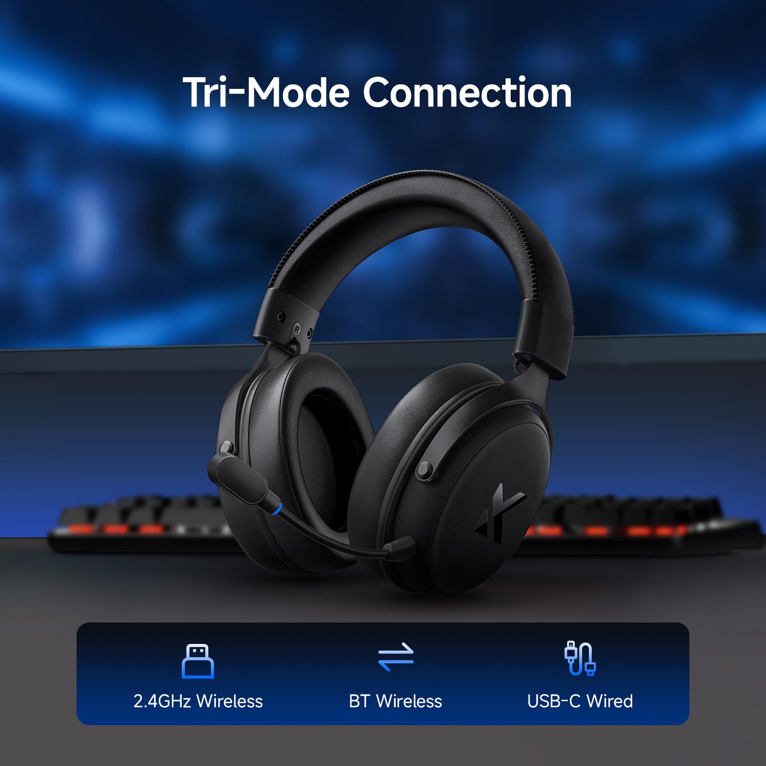 MCHOSE V9 Pro Cuffie da gaming wireless con microfono rimovibile, audio surround 7.1 per eSport, driver da 53 mm, connessione Tri-Mode, per PC, Mac, PS5, PS4, Switch - Nero