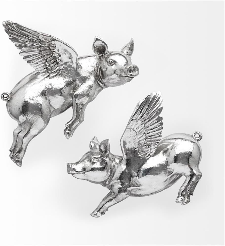 Pemberly Row Modern Farmhouse Wall Sculptures, Set of 2 Resin Flying Pigs, 6.3"x11.7"x9.8", Metallic Silver Finish, Adjustable Mounts, Unique Design for Whimsical Home Decor