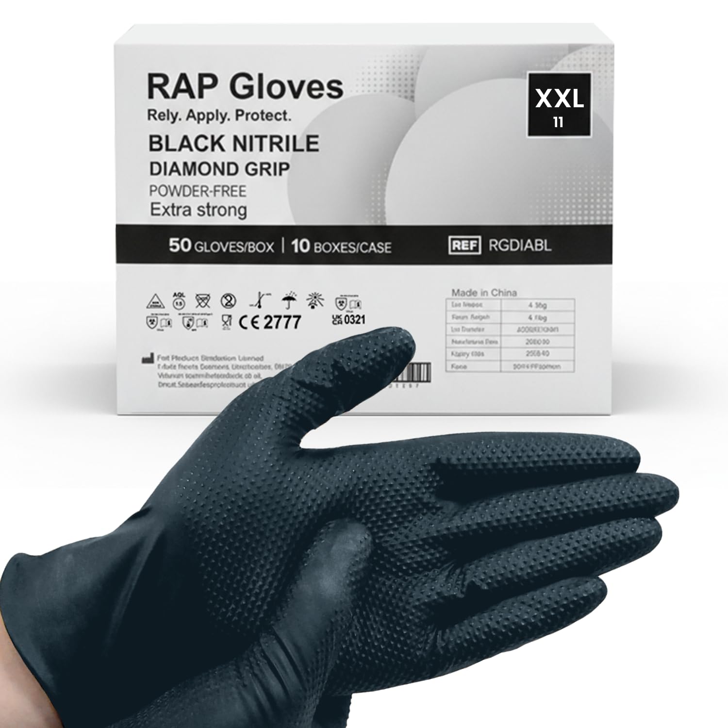 500 Black Nitrile Disposable Gloves XXL Heavy duty, Diamond Grip Gloves, Latex-Free, Powder-Free, Non-slip, Extra Thick – Ideal For Mechanics, Workshop, and Automotive use.