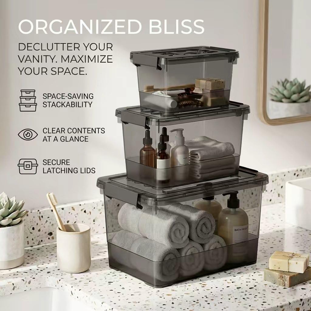 Clear Black Storage Bins with Lids (4 Qt, 7 Qt, 17 Qt) 3 Pack, Stackable Plastic Storage Containers with Latching Lids, Storage Boxes for Closet Organization, Garage, Pantry & Home Storage