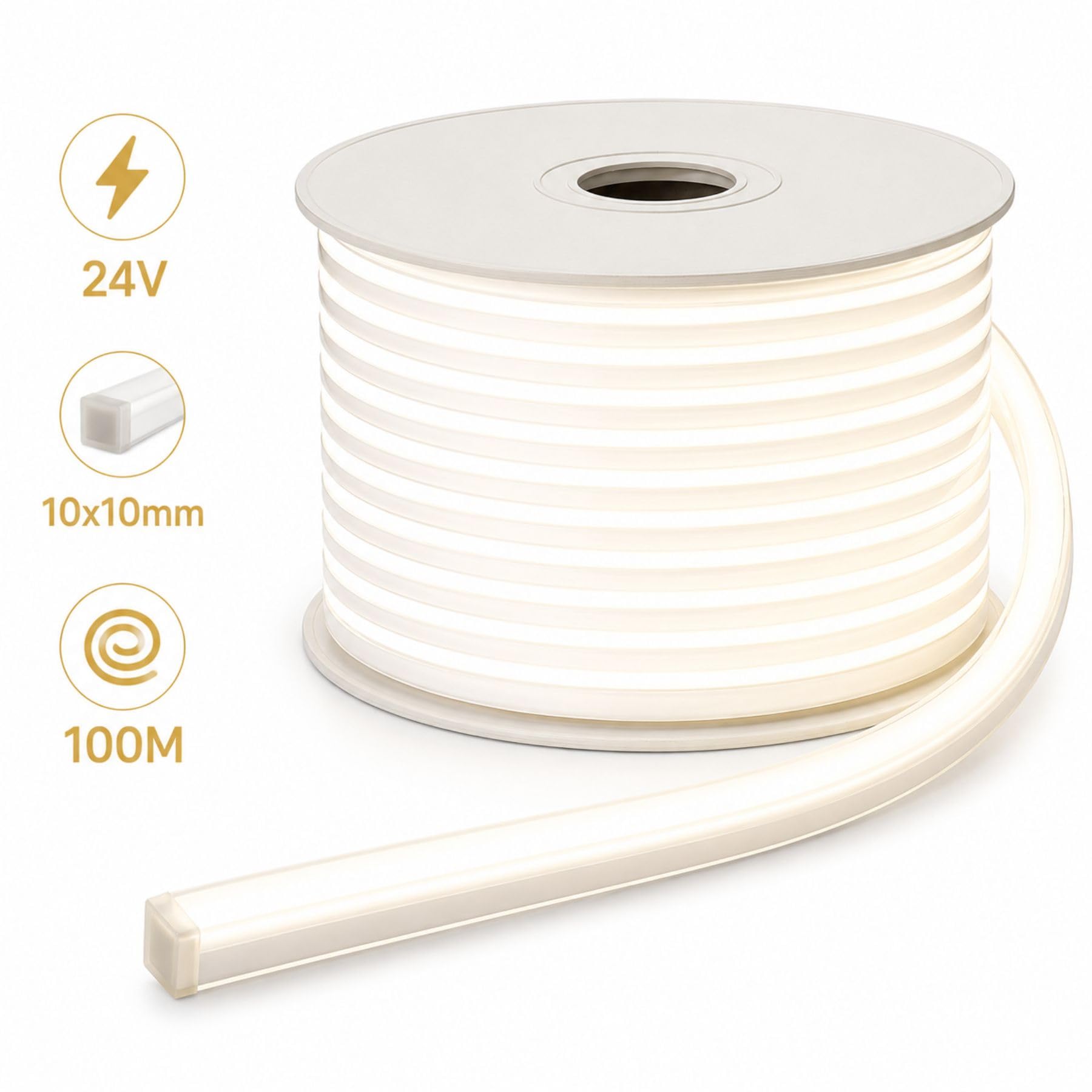A2ZWORLD LED-Streifen Neon Flex 24 V 100 Meter, Neutralweiß 4000 K, Einbauleuchte 10 x 10 mm, 11 W/M 660 lm/m, Neon LED flexibel, auf die Größe zuschneidbar, matte Ummantelung, viel Zubehör enthalten