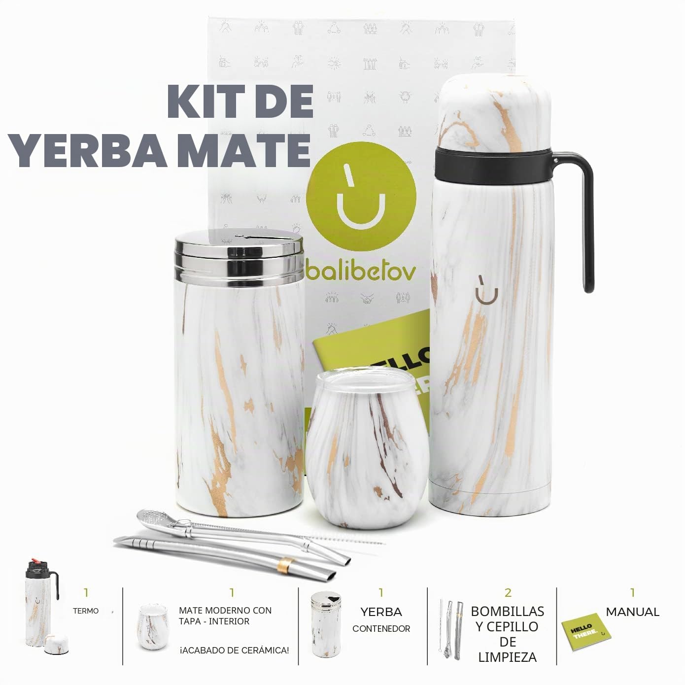 BALIBETOV 1000 ml Kit de Mate – Calabaza Mate Moderna, Termo, Contenedor para Yerba Mate, Bombilla & Cepillo de Limpieza – Doble Pared al Vacío – Tapa Sin BPA – A Prueba de Fugas y Fácil de Mantener