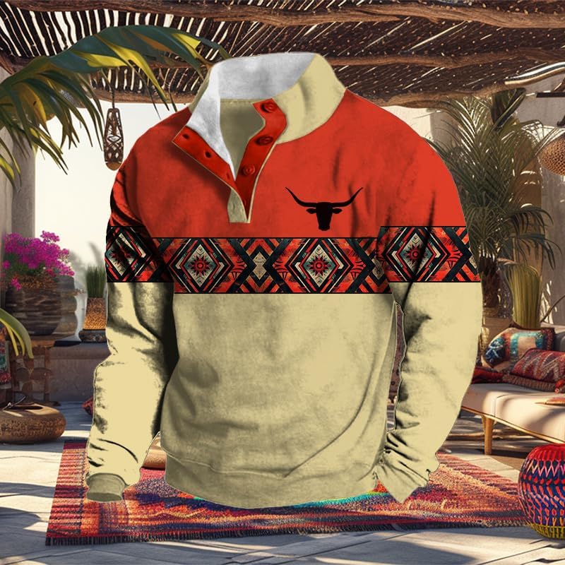 Retro Long Sleeve Sweatshirts for Men Fall West Cowboy Country Aztec Bull Print Stand Collar Button Pullover